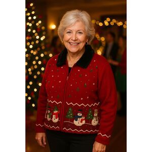 Vntg ERIKA Christmas Sweater XL Applique Beads Detachable Fur Collar Grandmacore